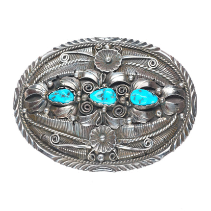 Vintage Navajo sterling silver 3 stone turquoise feather/blossom belt buckle