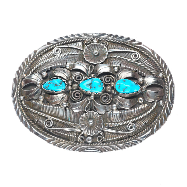 Vintage Navajo sterling silver 3 stone turquoise feather/blossom belt buckle