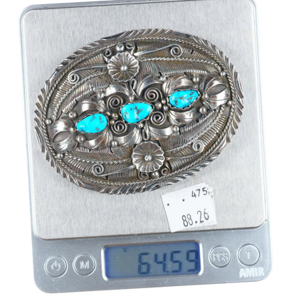 Vintage Navajo sterling silver 3 stone turquoise feather/blossom belt buckle