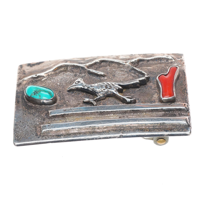 Vintage Navajo sterling silver turquoise/branch coral roadrunner belt buckle