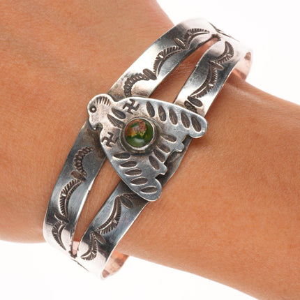 7.1" c1930 Navajo sterling silver Cerrillos turquoise whirling log cuff bracelet