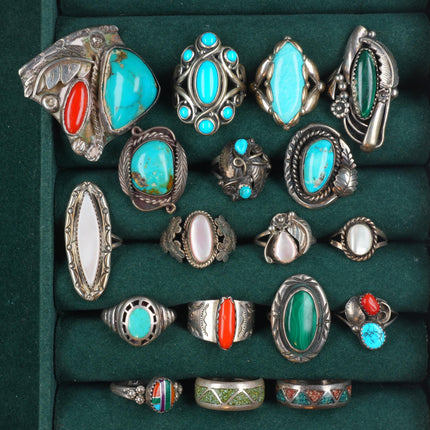 sz5-11 Navajo/Zuni/Southwestern sterling silver turquoise/shell/coral rings lot
