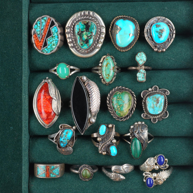 sz4-11 Navajo/Zuni/Southwestern sterling silver turquoise/lapis/coral rings lot