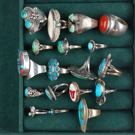 sz4-11 Navajo/Zuni/Southwestern sterling silver turquoise/shell/coral rings lot