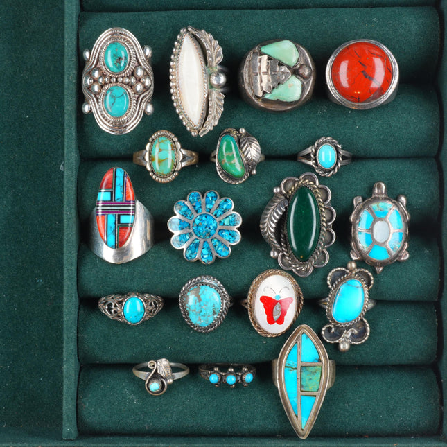 sz4-11 Navajo/Zuni/Southwestern sterling silver turquoise/shell/coral rings lot