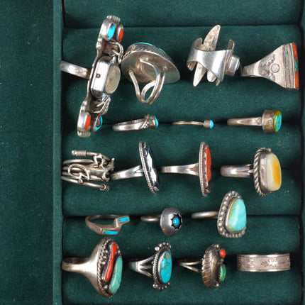 sz4-13 Navajo/Zuni/Southwestern sterling silver turquoise/onyx/coral rings lot