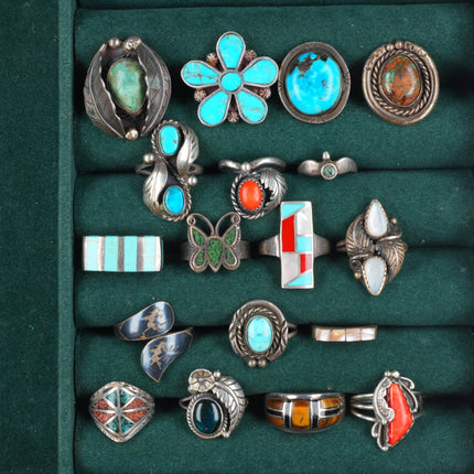 sz4-10 Navajo/Zuni/Southwestern sterling silver turquoise/coral/inlay rings lot