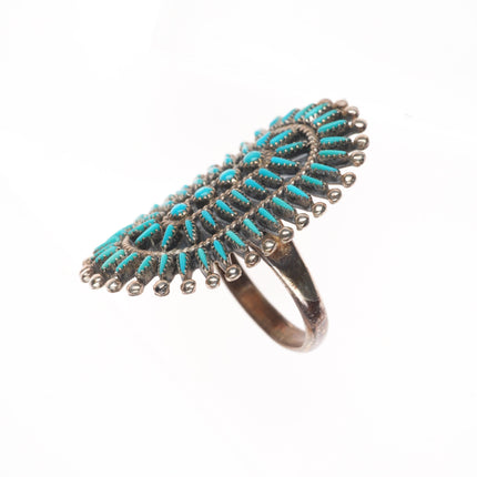 sz7 c1960's Vintage Bonnie Quam Zuni sterling silver needlepoint turquoise ring