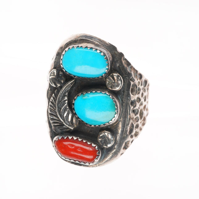 sz12 vintage Navajo sterling silver turquoise/coral 3 stone men's ring