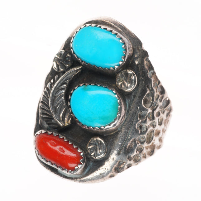 sz12 vintage Navajo sterling silver turquoise/coral 3 stone men's ring