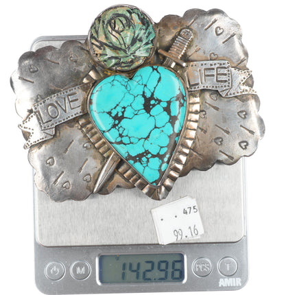 Big Vintage Sweet Bird Studio Sterling silver turquoise heart belt buckle