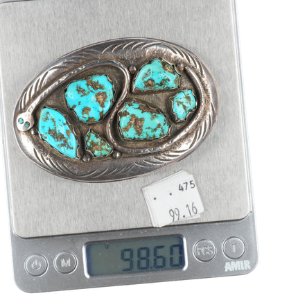 Vintage GG Zuni sterling silver turquoise cluster snake belt buckle 60's-70's