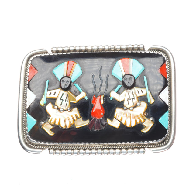 Vintage Zuni sterling silver turquoise, coral ghan dancers belt buckle