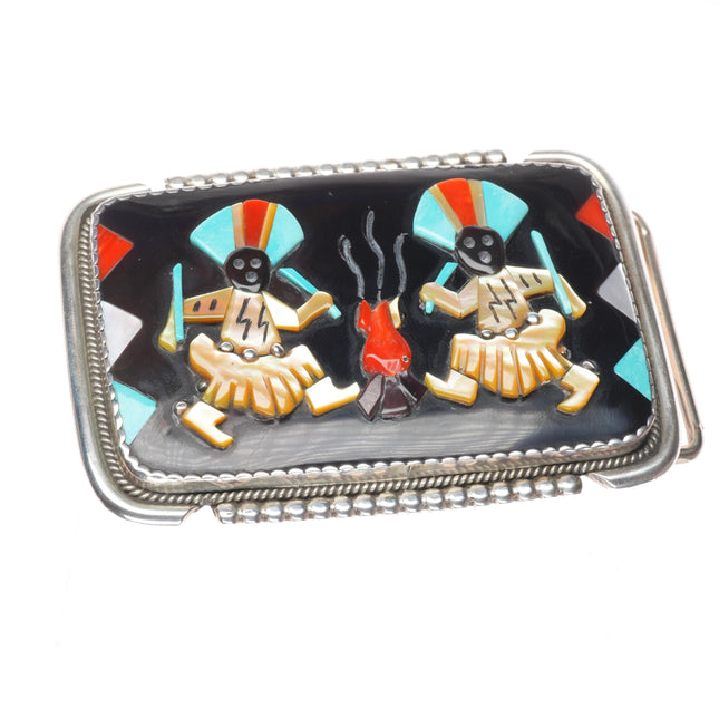 Vintage Zuni sterling silver turquoise, coral ghan dancers belt buckle