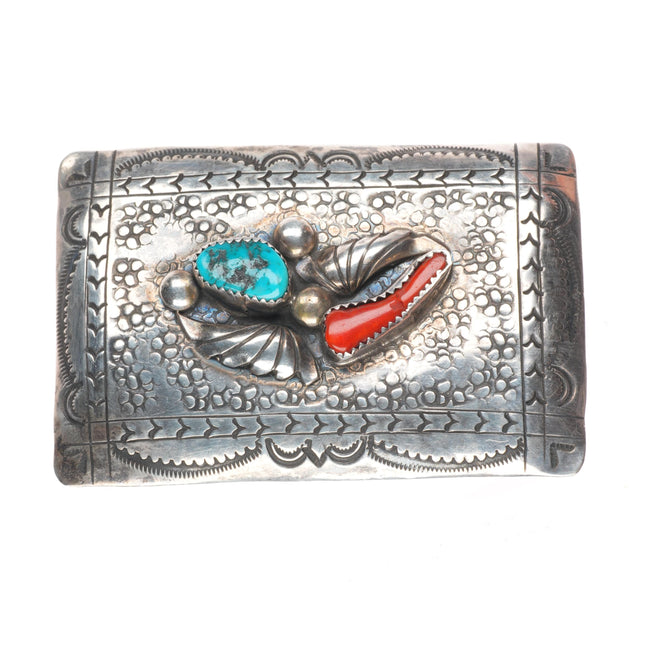 Richard Henry Yazzie Navajo sterling silver, turquoise, branch coral belt buckle