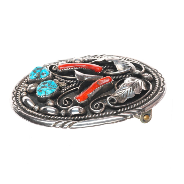 Vintage EL Navajo sterling silver, turquoise, branch coral Feather belt buckle
