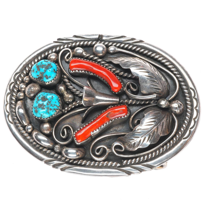 Vintage EL Navajo sterling silver, turquoise, branch coral Feather belt buckle