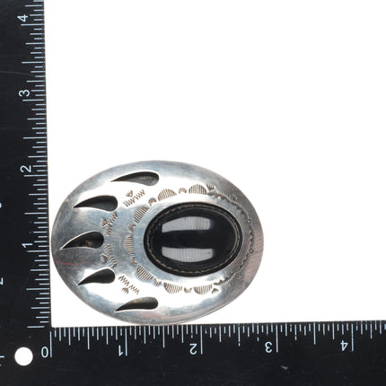 Vintage Ted Guerro Navajo sterling silver Onyx bear paw shadowbox belt buckle