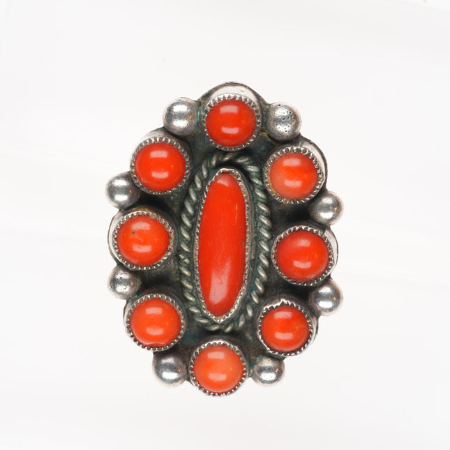 sz8.5 c1950's vintage Zuni sterling silver Mediterranean coral cluster ring