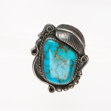 sz6.75 Vintage CW Navajo sterling silver spiderweb turquoise ring w/feather