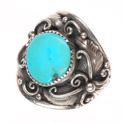 sz11.5 Vintage Navajo sterling silver feather embellished ring with turquoise