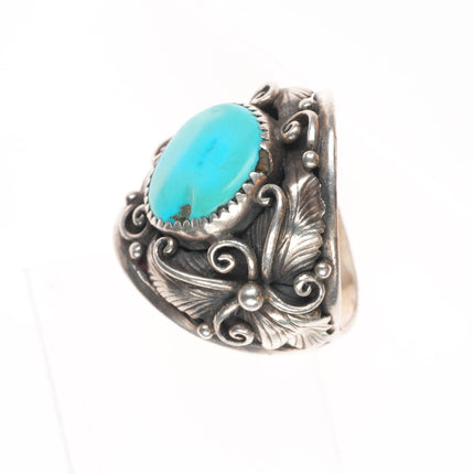 sz11.5 Vintage Navajo sterling silver feather embellished ring with turquoise