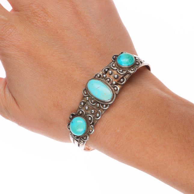 6.5" 30's-40's Navajo sterling silver 3 stone turquoise cuff bracelet