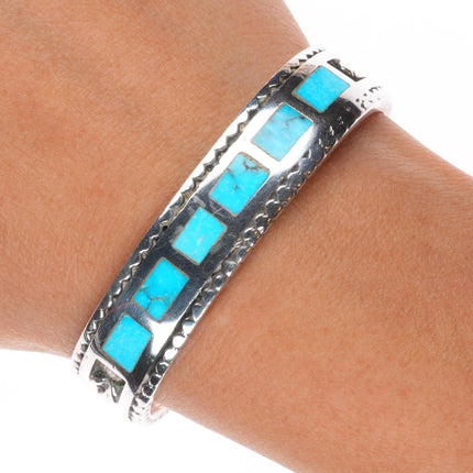 6" Vintage Zuni sterling silver flush channel inlay turquoise row cuff bracelet