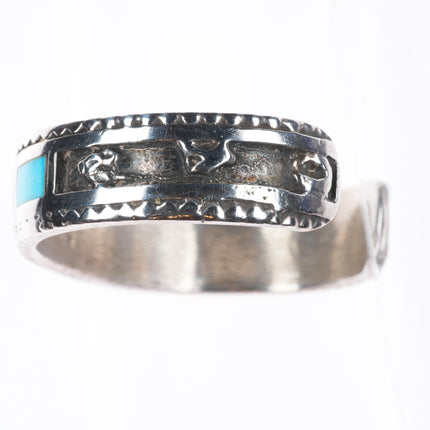 6" Vintage Zuni sterling silver flush channel inlay turquoise row cuff bracelet