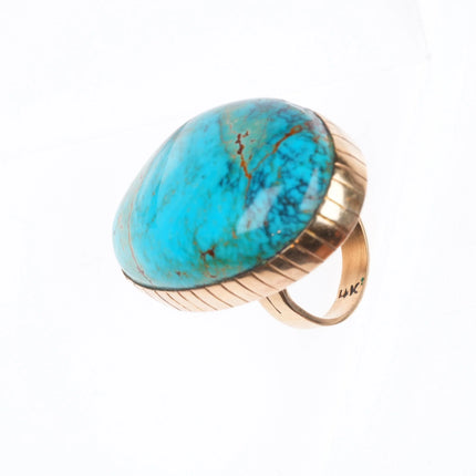 sz7 Native American 14k gold high grade turquoise ring sterling silver back