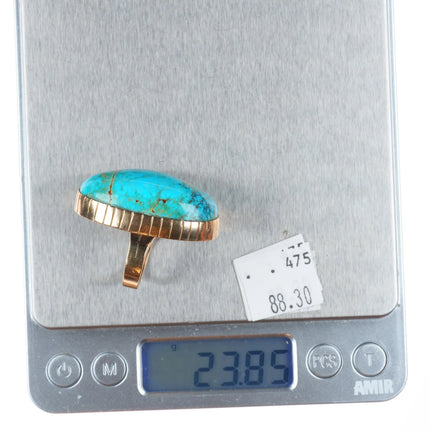 sz7 Native American 14k gold high grade turquoise ring sterling silver back
