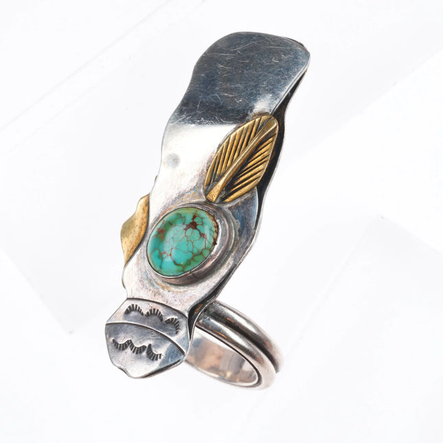 sz8 Terrence Hunt Navajo "Sun Boy" sterling silver feather ring w/turquoise