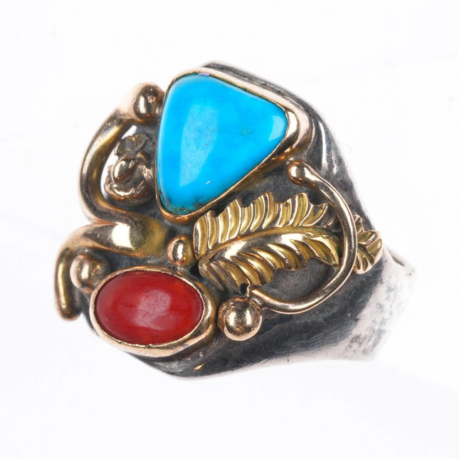 sz11 Vintage Navajo KK Sterling silver/gold accent turquoise/coral men's ring