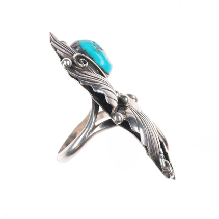 sz8 Vintage RBP Navajo sterling silver turquoise ring w/intense feather applique