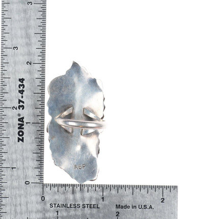 sz8 Vintage RBP Navajo sterling silver turquoise ring w/intense feather applique