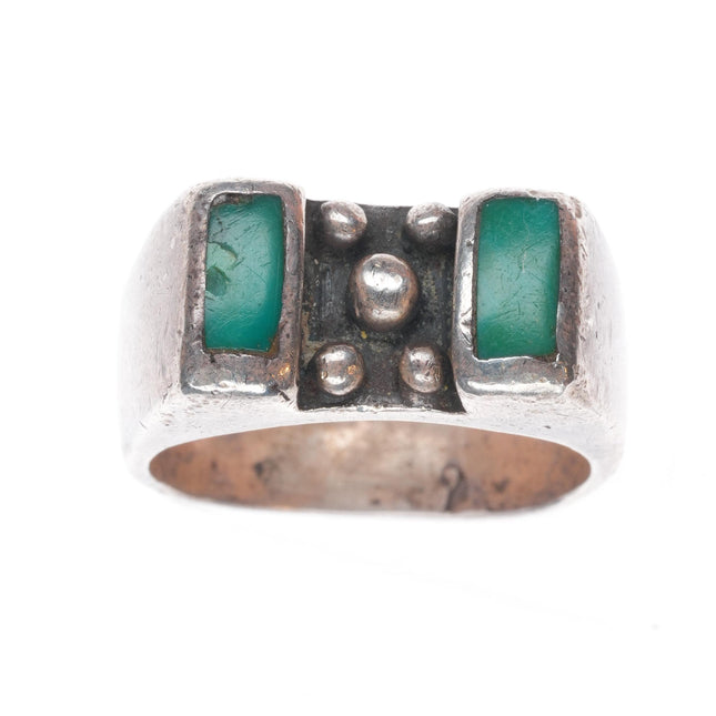 sz12.75 c1930 Navajo ingot silver green turquoise sterling silver two stone ring