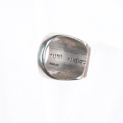 sz10 Dishta Zuni sterling silver Navajo rug pattern intarsia inlay ring