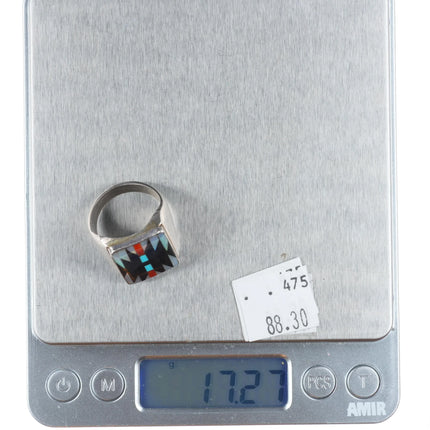 sz10 Dishta Zuni sterling silver Navajo rug pattern intarsia inlay ring