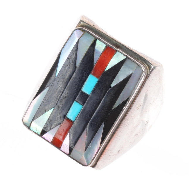 sz10 Dishta Zuni sterling silver Navajo rug pattern intarsia inlay ring