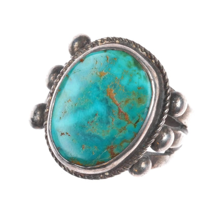 sz9.75 c1930's Navajo sterling silver rope bezel ring with nice turquoise