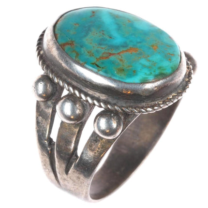 sz9.75 c1930's Navajo sterling silver rope bezel ring with nice turquoise