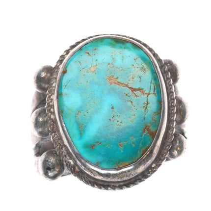 sz9.75 c1930's Navajo sterling silver rope bezel ring with nice turquoise