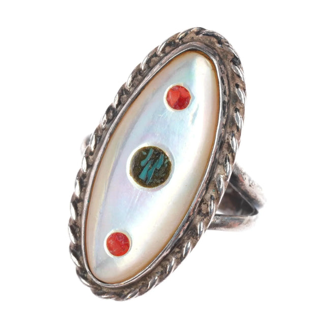 sz6.75 Vintage Zuni sterling silver, turquoise/coral inlay ring