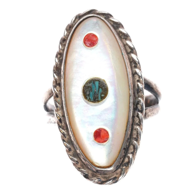 sz6.75 Vintage Zuni sterling silver, turquoise/coral inlay ring