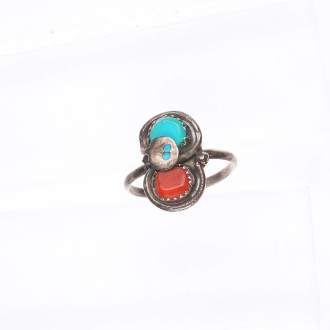sz6.5 Effie Calavaza Zuni sterling silver turquoise, coral vintage snake ring