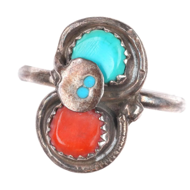 sz6.5 Effie Calavaza Zuni sterling silver turquoise, coral vintage snake ring
