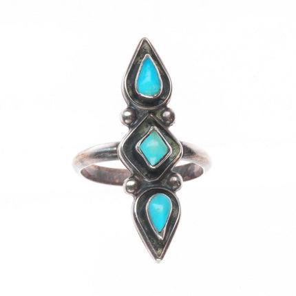 sz5.75 Vintage Zuni sterling silver 3 stone flush inlay turquoise ring