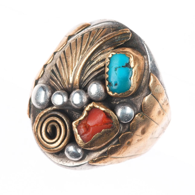 sz12 Vintage Navajo sterling silver gold filled accent turquoise/coral ring