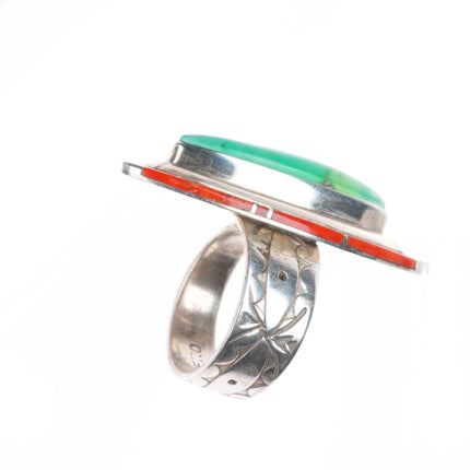 sz8.75 Ken Romero Taos/Laguna sterling silver, turquoise, coral inlay ring