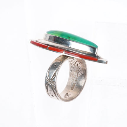 sz8.75 Ken Romero Taos/Laguna sterling silver, turquoise, coral inlay ring